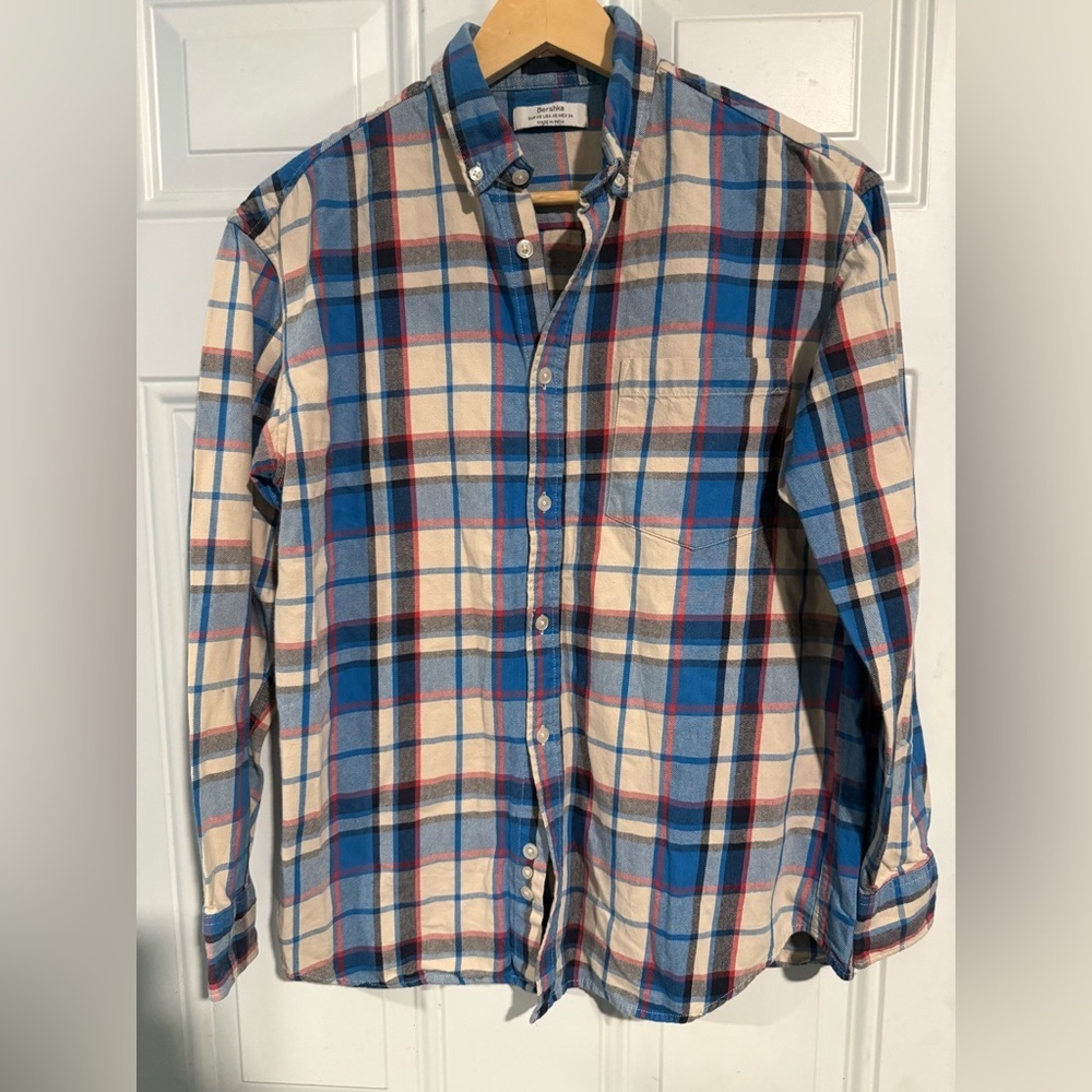 Bershka Blue and Cream Casual Button Down Shirt